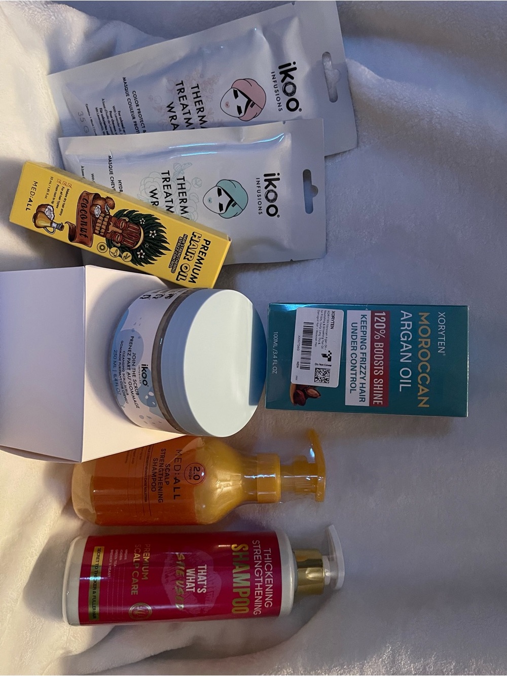 iKoo Hair Treatment Set, Moroccan Argan Oil. shampoo, scalp scrub and hair wrap
